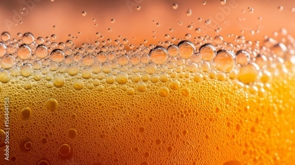 Fototapeta Close-up capture of vibrant carrot juice foam with tiny bubbles creating a color gradient above the glass surface during a sunny afternoon
