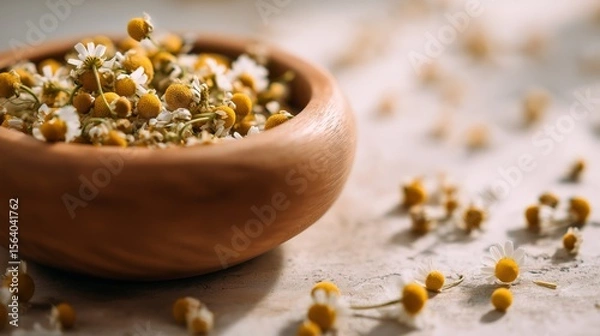 Fototapeta Close-up of chamomile flowers gently crushed in a wooden bowl against a bright neutral backdrop showcasing organic tones in soft natural lighting