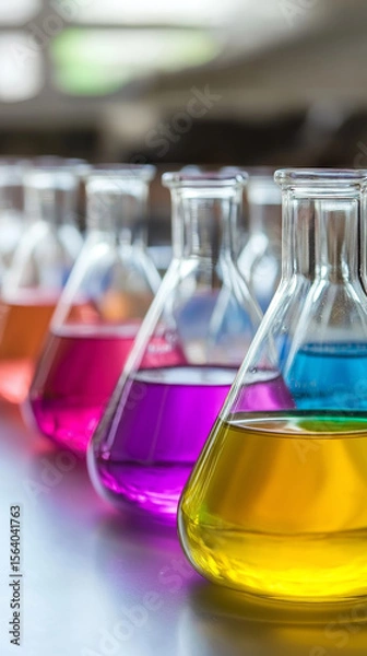 Fototapeta Colorful conical flasks filled with liquids arranged in a precise row under bright clinical light showcasing vibrant symmetry during a scientific experiment