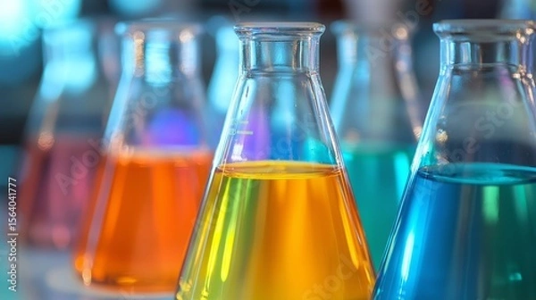 Fototapeta Close-up view of conical flasks filled with vibrant colored liquids arranged symmetrically under bright clinical lighting in a laboratory setting