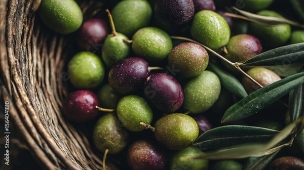 Fototapeta Freshly picked green and purple olives nestled in a rustic woven basket with soft natural light highlighting their vibrant colors against a textured backdrop