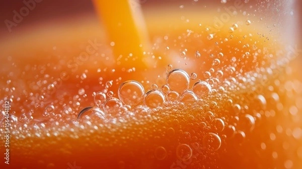 Fototapeta Fresh juice being funneled into a bottle with bubbles rising and soft highlights captured in amazing detail using macro lens technology