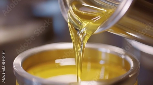 Fototapeta Golden olive oil flowing from a centrifuge spout into a pristine glass container with precise focus and soft shine, showcasing the rich texture and clarity of freshly extracted oil