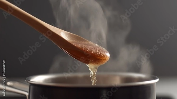 Fototapeta Close-up of sugar syrup being stirred in a pot with soft steam rising in a neutral-lit kitchen, showcasing the texture and consistency of the cooking process