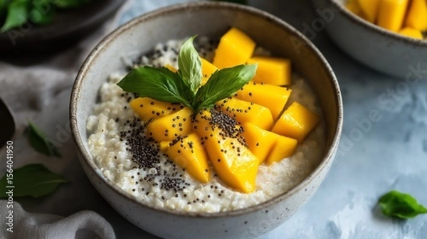 Fototapeta Delightful bowl of quinoa breakfast porridge topped with fresh mango and coconut milk, served on a soft neutral tabletop with airy light