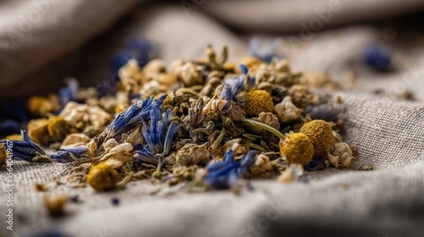 Fototapeta Calming nighttime blend of dried chamomile, lemon balm, and lavender arranged on a soft linen napkin at dusk