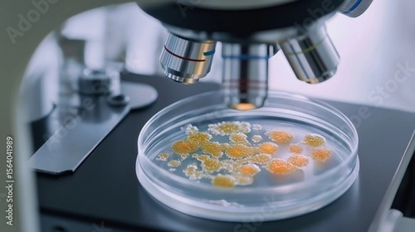 Fototapeta Detailed view of bacterial culture in petri dish examined under microscope in clinical laboratory setting