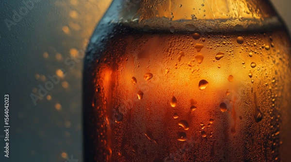 Fototapeta Condensation reveals texture and warmth on a cold brew bottle chilling in the refrigerator, captured with soft light and macro focus for stunning detail