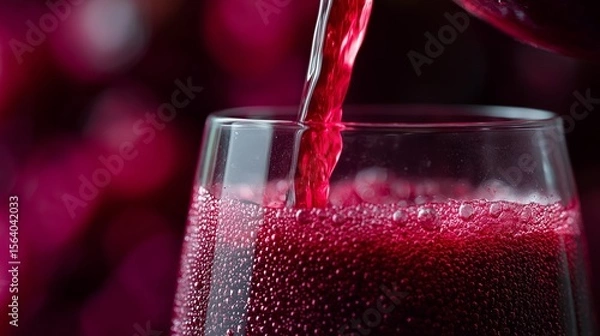 Fototapeta Fresh beetroot juice flows into a clear glass from a slow juicer spout, showcasing rich colors and crisp reflections captured with macro detail