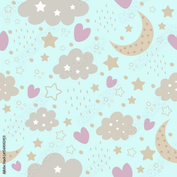 Obraz Cute Night Sky Seamless Pattern – Blue Background