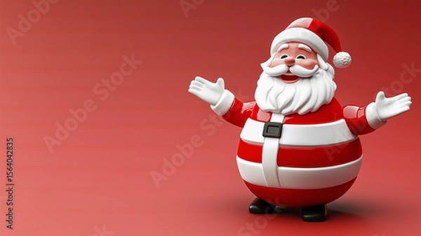 Fototapeta A cheerful Santa Claus in 3D style stands with his hands raised on a bright red background.