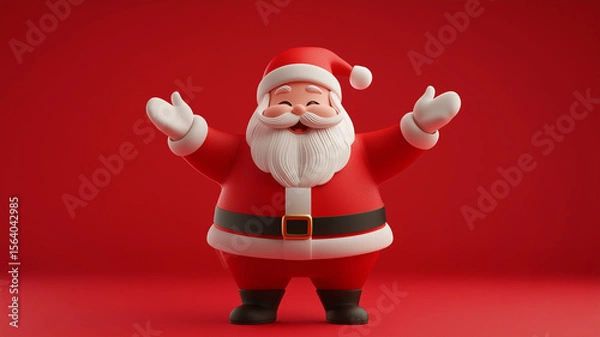 Fototapeta 3D character of Santa Claus in a red suit with raised hands on a red background. Cheerful festive mood, Christmas, New Year.