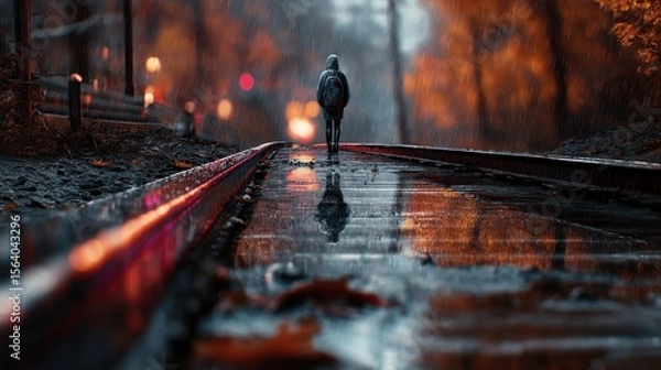 Fototapeta A person walking on the train tracks in heavy rain, during the autumn season, with a dark color tone, in a photo-realistic style, with cinematic lighting and shadows, rendered using Octane.