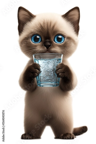 Obraz Cute cartoon kitten holding glass of sparkling water isolated