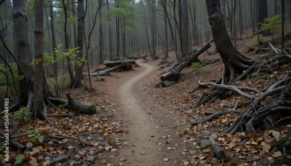 Fototapeta  A realistic scene of a dirt hiking trail winding through a quiet forest, covered with dry leaves and lined with wild bushes and old tree trunks -