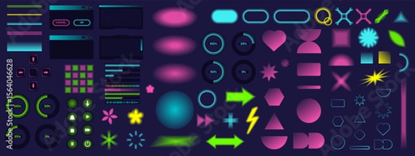 Fototapeta A vector set of glowing neon UI elements on a dark background. Includes buttons, progress bars, sliders, charts, interface windows, and abstract shapes. Designed in a clean, stylized cartoon style