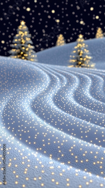 Fototapeta Winter landscape with glowing lights on snowy hills and decorated Christmas trees under falling snow. Magical festive scene with soft curves and night sky. Ideal for seasonal designs.
