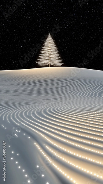 Fototapeta Elegant snowy landscape with stylized glowing tree and night sky. Wave-like snow patterns illuminated by soft golden lights. Ideal festive background for winter concepts.