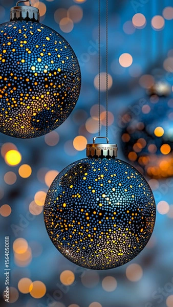 Fototapeta Black and dark glitter Christmas balls hanging vertically with golden bokeh lights. Sophisticated winter holiday scene for seasonal promotions and elegant design projects.