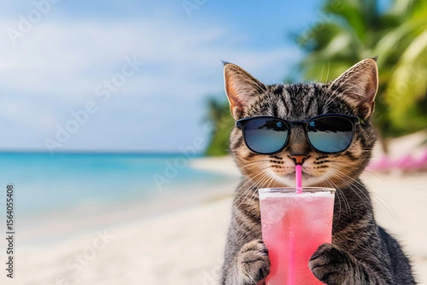 Fototapeta Cat wearing sunglasses enjoys a refreshing pink drink on a sunny beach, with clear blue water and palm trees in the background, capturing a fun summer vibe