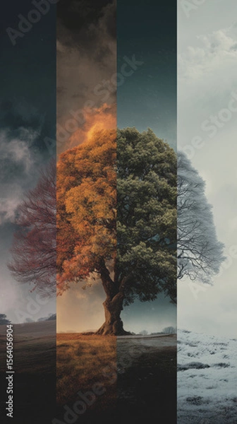 Fototapeta abstract illustration with realistic tree splited to parts; four season concept
