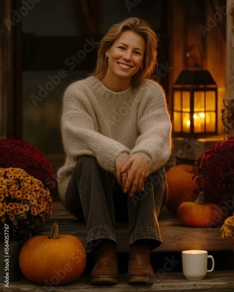 Fototapeta The magic of fall is captured in a warm and inviting scene of a person decorating their home's entrance with pumpkins and lanterns, embodying the cozy spirit of the season.