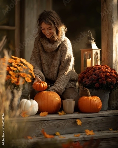 Fototapeta The magic of fall is captured in a warm and inviting scene of a person decorating their home's entrance with pumpkins and lanterns, embodying the cozy spirit of the season.