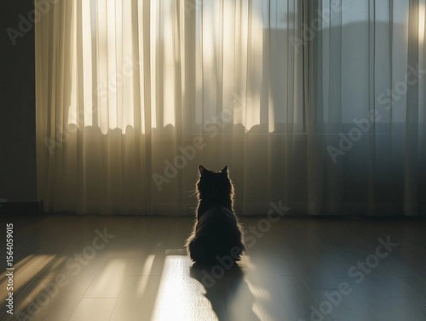 Fototapeta Fluffy gray cat sits by window with white sheer curtains in a sunlit, cozy room interior.