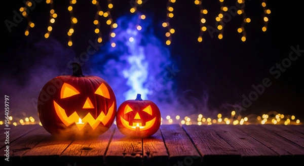Fototapeta Two glowing jack o lanterns with candles on a wooden table with bokeh lights