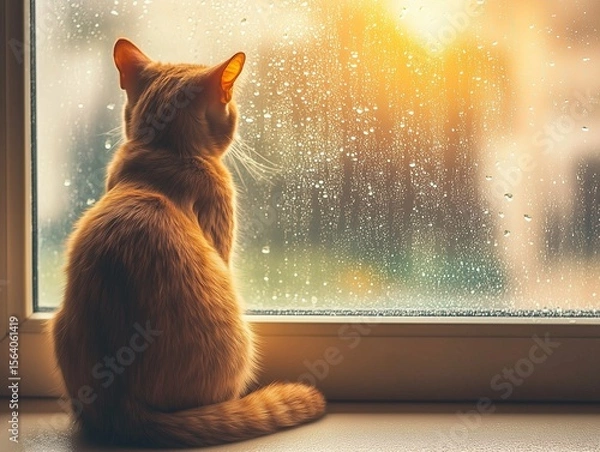 Fototapeta Ginger cat sits on a windowsill, gazing outside at the rain falling softly in gray daylight.