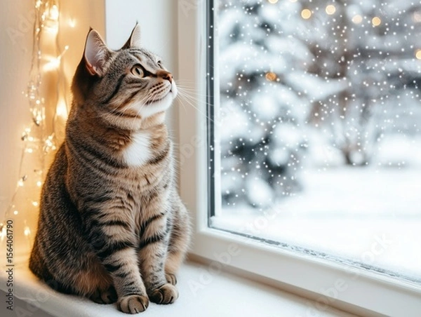 Fototapeta Gray striped cat sits on windowsill, gazing at snowy winter landscape outside the window.