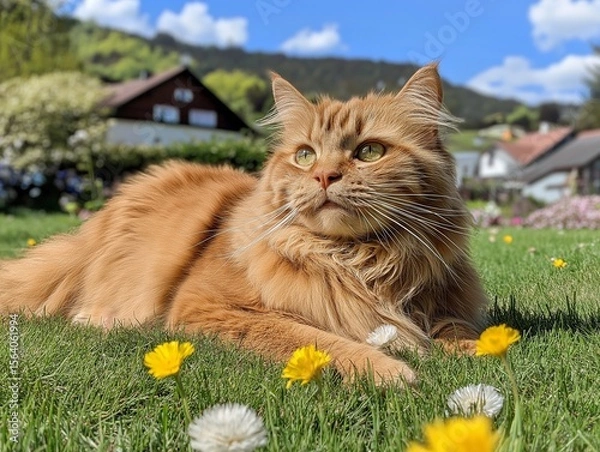 Fototapeta Happy ginger cat lies basking in the sun on vibrant green grass, enjoying a warm peaceful day outdoors.