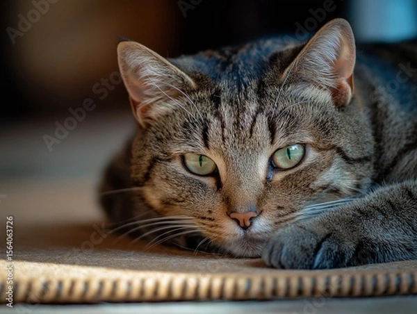 Fototapeta Portrait of a gray tabby cat with striking green eyes, detailed fur and attentive expression.