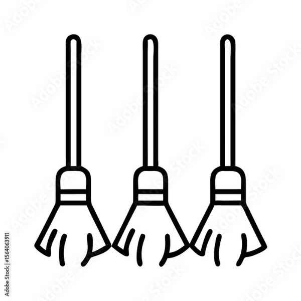Fototapeta Three brooms with bristles in a row on a white background  