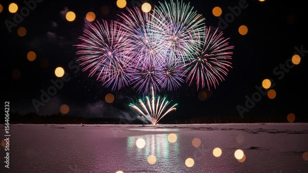 Fototapeta Dazzling fireworks illuminate a dark winter night sky over a snowy expanse with festive bokeh lights creating a magical atmosphere.