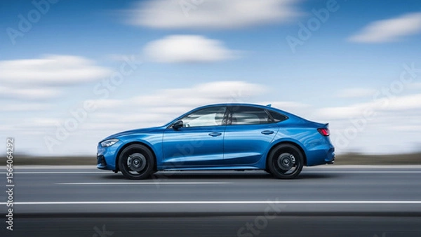 Fototapeta Sleek blue sedan speeds along a paved highway under a bright sky with fluffy clouds, showcasing modern automotive design.
