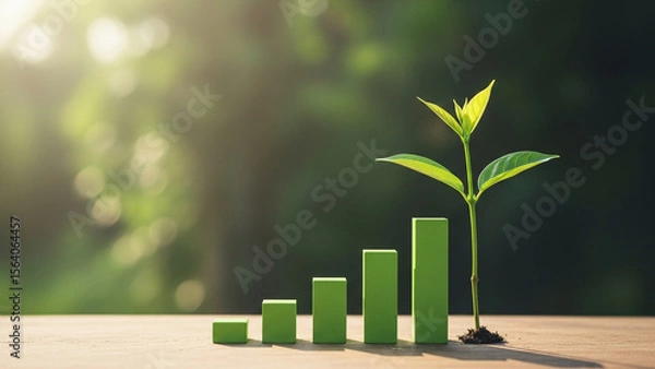 Fototapeta A seedling emerges next to a green graph, symbolizing growth and financial success in a natural, blurred outdoor setting.