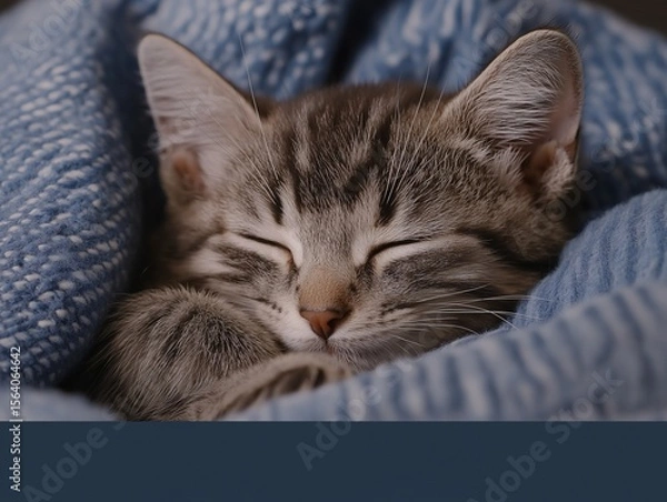 Obraz Cat sleeps curled up in a cozy knitted blanket, warm and peaceful indoor scene.