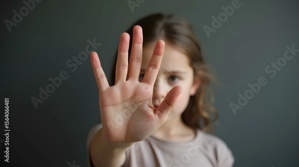 Fototapeta A little girl with a serious face making a stopping gesture with her hand, “stop” palm forward on a dark background with space for text. Close-up, dramatic lighting.