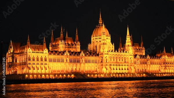 Fototapeta The Hungarian Parliament building illuminated at night, with the river reflecting its golden lights and ornate architecture.