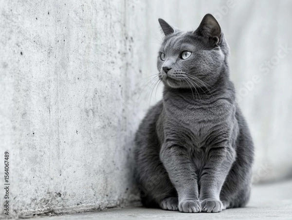 Obraz Russian Blue cat sits gracefully near textured concrete wall, natural light highlights sleek fur.