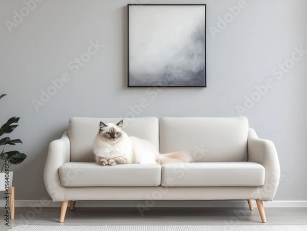 Fototapeta Fluffy white cat relaxing in a cozy stylish home interior with soft natural light and warm tones.