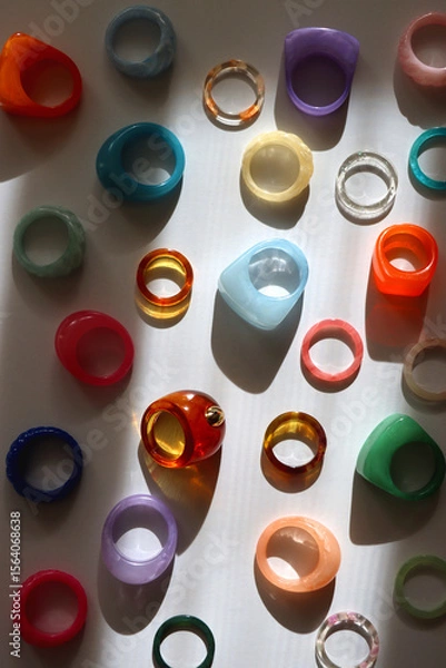 Obraz Collection of colorful plastic rings on white background. Top view.