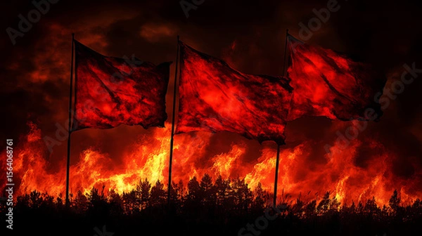 Obraz Three red flags waving amidst fire and destruction symbolizing revolution or warning