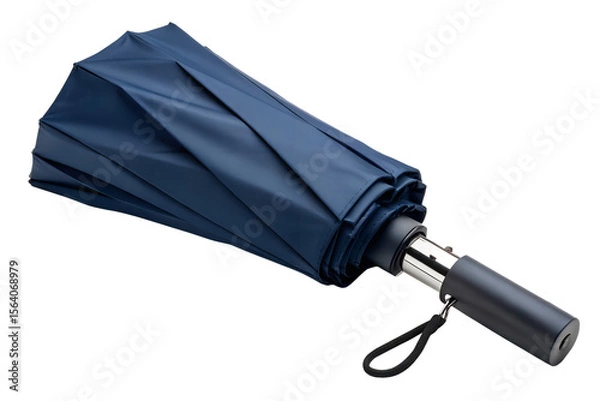 Fototapeta Compact Navy Blue Folding Umbrella Closed on White Background