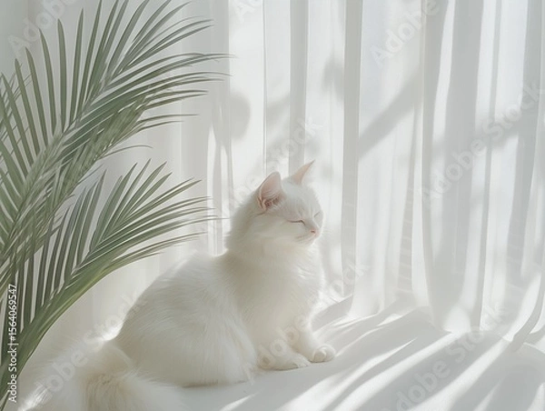 Fototapeta Fluffy white cat relaxing in a cozy stylish home interior with soft natural light and warm tones.