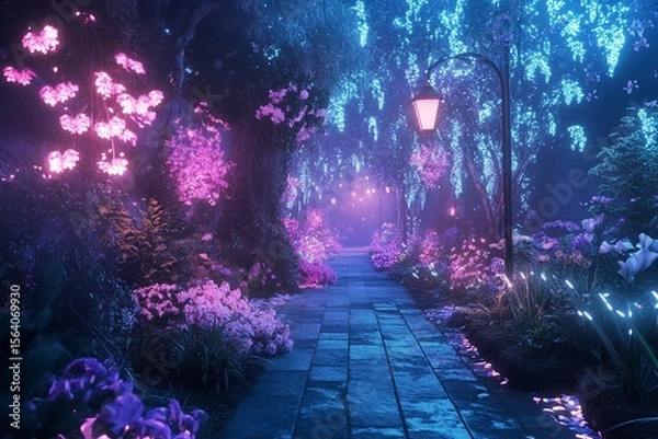 Obraz Neon-lit spring garden filled with glowing vibrant flowers