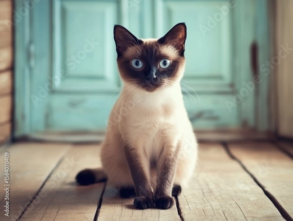 Fototapeta Balinese cat with silky fur sits gracefully on a wooden floor, calm and elegant in soft light.