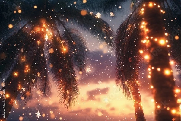 Obraz Christmas lights wrapped around coconut trees at night