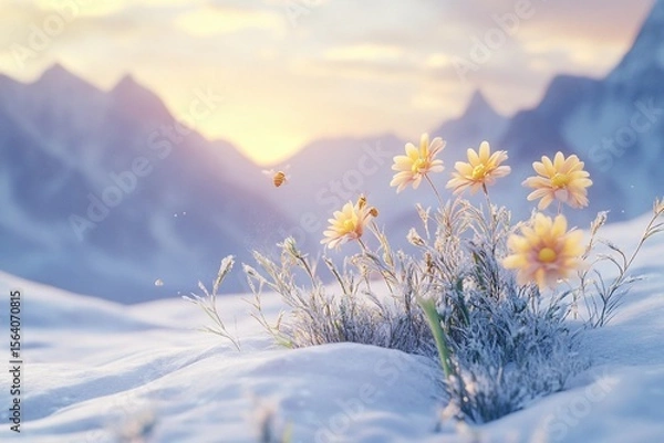 Obraz Delicate flowers blooming amid snowy warm patches